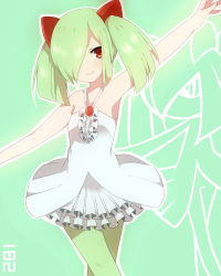 Rule 34 | 1girl, bare shoulders, blush, creatures (company), crossed legs, dress, frills, game freak, gen 3 pokemon, green hair, green pantyhose, hair over one eye, highres, kirlia, looking at viewer, nintendo, outstretched arms, pantyhose, personification, pokedex number, pokemon, red eyes, smile, solo, spread arms, standing, twintails, zinpati