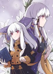 Rule 34 | 1girl, absurdres, age comparison, airisuotog, book, closed mouth, dress, dual persona, fire emblem, fire emblem: three houses, flower, from side, garreg mach monastery uniform, hair ornament, highres, holding, holding book, long hair, long sleeves, lysithea von ordelia, nintendo, petals, pink eyes, smile, uniform, upper body, white hair