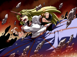 Rule 34 | 1girl, blonde hair, bouncing breasts, breasts, broken ground, claws, clenched hand, fangs, female focus, glowing, glowing eye, highres, horns, hoshiguma yuugi, large breasts, long hair, open mouth, red eyes, shirt, single horn, skirt, solo, star (symbol), touhou, tukiwani