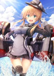 Rule 34 | 10s, 1girl, anchor hair ornament, black legwear, black skirt, blonde hair, gloves, green eyes, hair ornament, hat, highres, kantai collection, leg up, long hair, looking at viewer, military, military uniform, ocean, open mouth, panties, pantyshot, peaked cap, pleated skirt, prinz eugen (kancolle), skirt, solo, standing, suien, twintails, underwear, uniform, water, white gloves, white panties