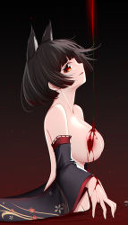 Rule 34 | 1girl, absurdres, animal ears, areola slip, azur lane, bad id, bad pixiv id, black hair, blood, blunt bangs, bob cut, breasts, cat ears, catnnn, detached sleeves, dripping, floral print, from side, gradient background, groin, highres, large breasts, light particles, looking at viewer, nude, orange eyes, partially submerged, pool of blood, profile, red eyes, ripples, short hair, sideways glance, smirk, solo, wet, yamashiro (meta) (azur lane)