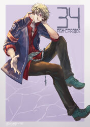 Rule 34 | 1boy, ash carbide, black pants, blonde hair, border, character name, collared shirt, commentary request, earrings, eiyuu densetsu, green footwear, head rest, invisible chair, irise ryouji, jewelry, male focus, necklace, pants, pink eyes, purple background, reaching, red shirt, sen no kiseki, sen no kiseki iii, shirt, shoes, short hair, sitting, smile, solo, thors military academy branch campus uniform, white border