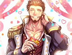 Rule 34 | 1boy, beard, blue eyes, blush, brown hair, candy, chocolate, chocolate heart, epaulettes, facial hair, fate/grand order, fate (series), food, hand on own neck, heart, highres, long sideburns, long sleeves, looking at viewer, male focus, military, military uniform, muscular, napoleon bonaparte (fate), pectorals, scar, simple background, smile, solo, uniform, valentine, zuman (zmnjo1440)