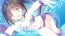 Rule 34 | 1girl, armpits, beamed eighth notes, bikini, blue background, blue bikini, blue thighhighs, boots, breasts, brown hair, copyright request, dutch angle, eighth note, fingernails, forehead jewel, givuchoko, gluteal fold, long hair, looking at viewer, musical note, musical note request, outstretched arms, parted bangs, purple eyes, purple wings, revealing clothes, sample watermark, side ponytail, small breasts, solo, swimsuit, thigh boots, thigh gap, thighhighs, treble clef, watermark, wings