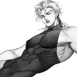 Rule 34 | 1boy, abs, armpits, ashva, dio brando, earrings, jewelry, jojo no kimyou na bouken, leotard, long hair, male focus, monochrome, muscular, muscular male, nipples, pectorals, smile, solo, stardust crusaders, taut clothes