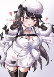 Rule 34 | 1girl, :d, absurdres, azur lane, black bow, black gloves, black hair, black thighhighs, blush, bow, breasts, cleavage, coat, collared dress, commentary request, cowboy shot, dress, fang, fur-trimmed coat, fur trim, gloves, gradient background, hair bow, hands up, hat, heart, highres, large breasts, leaning forward, long hair, long sleeves, looking at viewer, makihige, open mouth, pamiat merkuria (azur lane), pink eyes, pointing, pointing at self, purple eyes, russian clothes, side ponytail, signature, smile, solo, thighhighs, very long hair, white coat, white dress, white hat