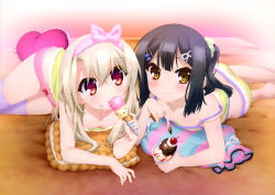 Rule 34 | 2girls, ass, bare legs, barefoot, black hair, blush, boyshort panties, breasts, brown eyes, camisole, cropped, downblouse, eating, fate/kaleid liner prisma illya, fate (series), food, frills, hair ornament, hairband, hairclip, highres, ice cream, ice cream cone, illyasviel von einzbern, looking at viewer, loungewear, lying, miyu edelfelt, multiple girls, official art, one side up, purple legwear, red eyes, satou kaori, scan, small breasts, smile, strap slip, striped, thighhighs