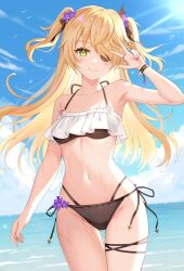 Rule 34 | 1girl, bikini, blonde hair, breasts, eyepatch, fischl (genshin impact), flower, genshin impact, green eyes, hair flower, hair ornament, hair ribbon, highres, long hair, nasii, navel, ribbon, small breasts, smile, solo, stomach, swimsuit, twintails, two side up
