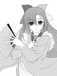 Rule 34 | 1girl, 95-tan, bow, folding fan, greyscale, hair bow, hand fan, highres, long hair, long sleeves, monochrome, os-tan, simple background, smile, solo, white background