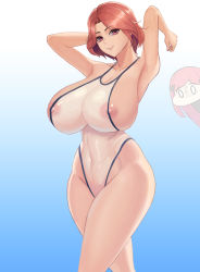 Rule 34 | 2girls, absurdres, areola slip, armpits, breast envy, breasts, chibi, closed mouth, curly hair, curvy, fortune (last origin), highres, hiroshi (beolcoyote), huge breasts, last origin, long hair, looking at viewer, multiple girls, night angel (last origin), nipples, red eyes, red hair, see-through, smile, surprised, swimsuit, thighs, tight clothes, wide-eyed
