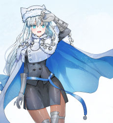 Rule 34 | 1girl, absurdres, ameshiki, animal ears, armored boots, blue bow, blue eyes, blue ribbon, blush, boots, bow, breasts, brown pantyhose, buttons, cape, capelet, cat ears, cat girl, crop top, crop top overhang, dobrynya nikitich (fate), dobrynya nikitich (first ascension) (fate), dress, fate/grand order, fate (series), fur-trimmed capelet, fur-trimmed headwear, fur trim, gauntlets, grey dress, hair bow, hat, highres, knee boots, large breasts, long hair, long sleeves, looking at viewer, low ponytail, open mouth, pantyhose, ribbon, short dress, solo, thighs, white cape, white capelet, white hair, white hat