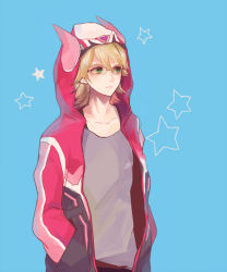 Rule 34 | 10s, 1boy, bad id, bad pixiv id, barnaby brooks jr., blonde hair, blue background, glasses, green eyes, hands in pockets, hood, hoodie, male focus, poco24, simple background, solo, tiger &amp; bunny
