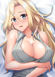 Rule 34 | 1girl, absurdres, arm across chest, bed sheet, blonde hair, blouse, blue eyes, blush, breasts, cleavage, collarbone, highres, hornet (kancolle), kantai collection, large breasts, long hair, looking at viewer, lying, messy hair, on back, on bed, open clothes, open shirt, parted lips, ruin re birth, shirt, solo, upper body, white shirt
