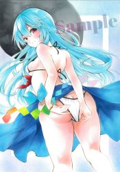 Rule 34 | 1girl, adjusting clothes, adjusting swimsuit, arim0k0, ass, bikini, bikini pull, black headwear, blue hair, blue skirt, breasts, butt crack, closed mouth, clothes pull, corrupted twitter file, highres, hinanawi tenshi, long hair, looking at viewer, looking back, medium breasts, pulled by self, rainbow order, red eyes, sample watermark, sideboob, skirt, smile, solo, swimsuit, touhou, traditional media, watermark, white bikini
