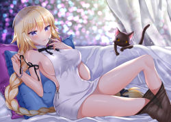 Rule 34 | 1girl, arm ribbon, black cat, black pantyhose, black ribbon, blonde hair, blush, bracelet, braid, breasts, cat, clothes pull, commentary request, cross, cross necklace, curtains, dress, fate/grand order, fate (series), hair ribbon, holding, holding cross, holding jewelry, holding necklace, jeanne d&#039;arc (fate), jeanne d&#039;arc (ruler) (fate), jewelry, large breasts, long braid, long hair, looking at viewer, naomi (fantasia), necklace, pantyhose, pantyhose pull, pillow, purple eyes, ribbon, short dress, sideboob, single braid, sitting, solo, thighs, untying, very long hair, white dress