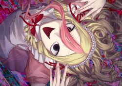 Rule 34 | 1girl, \||/, abstract background, apron, black eyes, blonde hair, blue background, commentary request, dress, empty eyes, floating hair, frilled hairband, frills, from above, hair between eyes, hairband, hands up, head back, highres, indie virtual youtuber, joki yoh, long bangs, long hair, looking at viewer, looking up, multicolored background, multicolored hair, neck ribbon, open mouth, pink dress, pink hair, puffy short sleeves, puffy sleeves, purple background, red background, red ribbon, ribbon, ringlets, short sleeves, smile, solo, streaked hair, tanba toshio, virtual youtuber, white apron