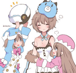 Rule 34 | 3girls, blanc (neptunia), blue coat, blue neckwear, blush, bow, bowtie, breasts, buttons, closed mouth, coat, double-breasted, dress, closed eyes, facing viewer, from behind, from side, fur-trimmed coat, fur trim, hair between eyes, haruna (citrus love i), hat, unworn hat, unworn headwear, holding, holding clothes, holding hat, long hair, looking at another, medium hair, messy hair, multiple girls, neptune (series), no bra, off shoulder, on head, pink coat, pink neckwear, pom pom (clothes), ram (neptunia), rom (neptunia), short hair, siblings, sisters, small breasts, standing, strap slip, stuffed toy, tired, twins, very long hair, wavy mouth, white coat, white dress