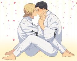 2boys barefoot black_hair blonde_hair blush closed_eyes closed_mouth collared_shirt couple dion_lesage entangled falling_petals final_fantasy final_fantasy_xvi hand_on_another&#039;s_arm hands_on_another&#039;s_neck hasuha_makoto kiss long_sleeves male_focus multiple_boys pants petals profile puffy_sleeves shirt short_hair sitting terrence_(ff16) white_pants white_shirt wide_sleeves yaoi