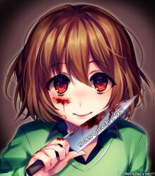 Rule 34 | 1other, artist name, black collar, blood, blood on face, bloody weapon, brown hair, chara (undertale), collar, collared shirt, green shirt, holding, holding knife, holding weapon, knife, long sleeves, looking at viewer, red eyes, sasucchi95, shirt, short hair, smile, solo, undertale, weapon