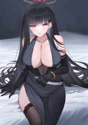 Rule 34 | 1girl, alternate costume, bare shoulders, black dress, black gloves, black hair, black thighhighs, blue archive, blush, bracelet, breasts, cleavage, closed mouth, commentary request, covered navel, dress, elbow gloves, gloves, hair ornament, halo, highres, jewelry, large breasts, long hair, looking at viewer, red eyes, rio (blue archive), shougun (chuckni1), sitting, solo, thighhighs, thighs