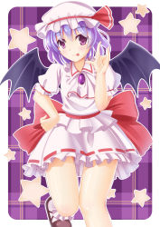 Rule 34 | 1girl, :p, \m/, absurdres, ascot, bad id, bad pixiv id, bat wings, brooch, hand on own hip, hat, hat ribbon, heart, heart-shaped pupils, highres, jewelry, knees together feet apart, leg up, legs together, light purple hair, looking at viewer, mob cap, plaid, plaid background, puffy short sleeves, puffy sleeves, purple background, purple eyes, remilia scarlet, ribbon, rounded corners, short hair, short sleeves, skirt, skirt set, smile, solo, star (symbol), symbol-shaped pupils, tongue, tongue out, touhou, umitonakai, wings