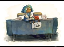Rule 34 | 1girl, blue eyes, blue hair, chair, commentary request, dated, english text, heterochromia, karakasa obake, koto inari, letterboxed, matching hair/eyes, red eyes, sign, sitting, sitting on table, solo, table, tatara kogasa, touhou, umbrella