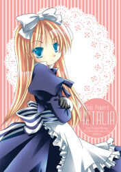 Rule 34 | 1girl, apron, artist name, axis powers hetalia, back bow, belarus (hetalia), blonde hair, blue eyes, bow, closed mouth, commentary request, copyright name, cowboy shot, crossed arms, dated, dress, frilled apron, frills, frown, gloves, grey bow, grey dress, grey gloves, hair bow, juliet sleeves, long hair, long sleeves, looking at viewer, looking to the side, medium bangs, morinaga hinase, pink background, puffy sleeves, solo, striped background, striped bow, waist apron, waist bow, watermark, web address, white apron, white bow