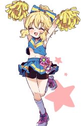 Rule 34 | 1girl, armpits, arms up, bike shorts, black shorts, blonde hair, blue bow, blue shirt, blue skirt, blush, bow, cheerleader, closed eyes, commentary, flat chest, hair bow, highres, holding, holding pom poms, idolmaster, idolmaster cinderella girls, idolmaster cinderella girls u149, legs, medium hair, midriff, navel, open mouth, pink bow, pink footwear, pleated skirt, pom pom (cheerleading), pom poms, remiri nicoeli, sakurai momoka, shirt, shoes, short ponytail, shorts, sidelocks, skirt, smile, sneakers, socks, solo, standing, standing on one leg, star (symbol), sweat, thighs, wavy hair, white background, white socks