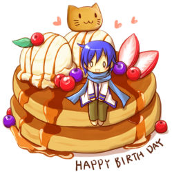 Rule 34 | 0 0, 1boy, :3, blue eyes, blue hair, blue scarf, blueberry, chibi, food, fruit, heart, honey, ice cream, kaito (vocaloid), male focus, matching hair/eyes, mini person, miniboy, pancake, scarf, short hair, simple background, sitting, smile, solo, strawberry, takitate, vocaloid, white background