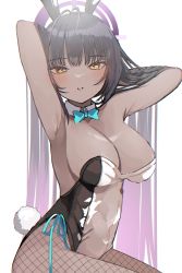 Rule 34 | 1girl, absurdres, animal ears, aqua bow, aqua bowtie, arms up, bad id, bad pixiv id, blue archive, blush, bow, bowtie, breasts, dark-skinned female, dark skin, detached collar, fishnet pantyhose, fishnets, gradient hair, halo, hands in hair, highres, kaerunrun, karin (blue archive), karin (bunny) (blue archive), large breasts, leotard, long hair, looking at viewer, meme attire, multicolored hair, orange eyes, pantyhose, parted lips, playboy bunny, purple hair, rabbit ears, rabbit tail, see-through, see-through leotard, simple background, solo, tail, traditional bowtie, translucent bunnysuit, very long hair, white background