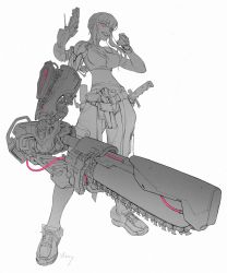 Rule 34 | 1girl, breasts, chainsaw, cigar, fingerless gloves, fingernails, gloves, greyscale, gun, handgun, highres, holding, holding chainsaw, holding cigar, holstered, knife, large breasts, leaning back, looking at viewer, looking down, mechanical arms, midriff, monochrome, morry, navel, original, pink eyes, pistol, prosthesis, prosthetic arm, science fiction, signature, simple background, single mechanical arm, smile, solo, spot color, weapon, white background