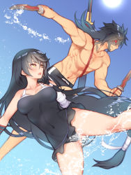 Rule 34 | 1boy, 1girl, bad id, bad pixiv id, bandaged arm, bandages, black one-piece swimsuit, blue sky, breasts, casual one-piece swimsuit, cleavage, closed mouth, collarbone, covered navel, day, dual wielding, eyes visible through hair, facial mark, folks (nabokof), hair between eyes, hair over one eye, holding, holding sword, holding weapon, long hair, low-tied long hair, medium breasts, navel, official alternate costume, one-piece swimsuit, red eyes, rokurou rangetsu, sky, smile, smug, sun, swimsuit, sword, tales of (series), tales of berseria, velvet crowe, very long hair, weapon, weapon on back, yellow eyes