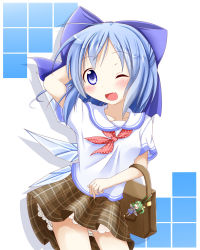 Rule 34 | 2girls, alternate costume, arm behind head, bag, bloomers, blue dress, blue eyes, blue hair, bow, brown skirt, character doll, checkered clothes, checkered skirt, cirno, collarbone, daiyousei, dress, fairy wings, fang, green hair, hair bow, hair ribbon, highres, looking at viewer, makuran, multiple girls, neckerchief, no panties, one eye closed, open mouth, outstretched arms, ribbon, school bag, school uniform, shirt, short hair, short sleeves, side ponytail, skirt, smile, touhou, underwear, wings, wink, | |