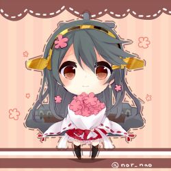 Rule 34 | 10s, 1girl, bad id, bad pixiv id, black hair, bouquet, brown eyes, chibi, flower, hair flower, hair ornament, hairclip, haruna (kancolle), headgear, kantai collection, long hair, nontraditional miko, nor nao, pleated skirt, red skirt, skirt, smile, solo, trembling, twitter username