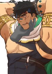 Rule 34 | 1boy, anger vein, armlet, armpits, bandaid, bandaid on face, bandaid on nose, bara, black hair, blue hair, bound, bruise, bruise on face, cape, covered abs, crave saga, disembodied limb, face grab, facial scar, gae bolg (crave saga), injury, male focus, multicolored hair, muscular, muscular male, nattukre, pectorals, scar, scar on arm, scar on cheek, scar on face, short hair, solo, streaked hair, tied up (nonsexual), torn clothes, two-tone hair, upper body, yellow eyes