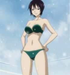 Rule 34 | 1girl, bare shoulders, black hair, bra, breasts, cleavage, fairy tail, hand on own hip, hands on own hips, highres, hip focus, lingerie, midriff, mature female, navel, panties, screencap, short hair, snow, snowing, solo, standing, stitched, thighs, third-party edit, underwear, ur (fairy tail)