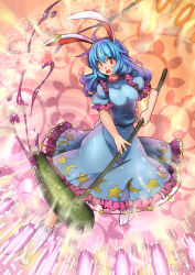Rule 34 | 1girl, animal ears, blue dress, blue hair, breasts, crescent, dress, female focus, kine, large breasts, long hair, mallet, open mouth, puffy short sleeves, puffy sleeves, rabbit ears, red eyes, seiran (touhou), short sleeves, solo, star (symbol), star print, touhou, umigarasu (kitsune1963)