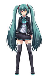 Rule 34 | 1girl, alternate eye color, black cardigan, black footwear, black skirt, blue hair, blue ribbon, boots, cardigan, closed mouth, collared shirt, floating hair, full body, hair between eyes, hair ornament, hatsune miku, heterochromia, highres, hooded cardigan, long hair, long sleeves, looking at viewer, miniskirt, neck ribbon, open cardigan, open clothes, pleated skirt, project diva (series), red eyes, ribbon, shiny footwear, shirt, silent voice (module), simple background, skirt, solo, standing, striped clothes, striped shirt, thigh boots, thighhighs, tsukishiro saika, twintails, vertical-striped clothes, vertical-striped shirt, very long hair, vocaloid, white background, white shirt, wing collar, yellow eyes, zettai ryouiki