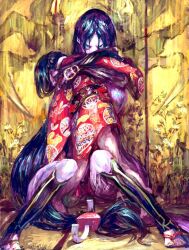 Rule 34 | 2girls, against wall, angry, barefoot sandals (jewelry), black hair, child, corpse, covered mouth, death, fate/grand order, fate (series), fingerless gloves, gloves, hair between eyes, japanese clothes, kimono, long hair, looking at viewer, low-tied long hair, mature female, minamoto no raikou (fate), mother and daughter, multiple girls, parted bangs, purple eyes, red kimono, sandals, sitting, spread legs, t0da, very long hair, zouri