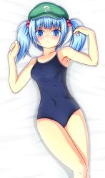 Rule 34 | 1girl, :&lt;, armpits, bare legs, bed sheet, blue eyes, blue hair, blunt bangs, blush, breasts, cabbie hat, closed mouth, collarbone, colored eyelashes, commentary, covered navel, from above, furrowed brow, green hat, hair bobbles, hair ornament, hands up, hat, kawashiro nitori, legs together, looking at viewer, lying, medium breasts, medium hair, mofupaka, on back, one-piece swimsuit, school swimsuit, sidelocks, solo, swimsuit, thighs, touhou, twintails, two side up