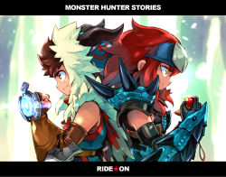 Rule 34 | 10s, 2boys, armor, brown eyes, brown hair, cheval, fingerless gloves, fuse ryuuta, gloves, hairband, jewelry, leather, leather gloves, monster hunter (series), monster hunter stories, multiple boys, necklace, red hair, ryuuto (monster hunter stories), short hair, spiked hair, spikes