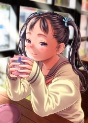 Rule 34 | 1girl, arm rest, black hair, blue ribbon, blurry, blurry background, closed mouth, commentary request, cup, depth of field, hair ribbon, highres, holding, holding cup, indoors, long hair, long sleeves, neckerchief, original, pink neckerchief, purple eyes, ribbon, sailor collar, school uniform, serafuku, sitting, sleeves past wrists, smile, solo, sweater, twintails, wadachitokakeru, yellow sweater