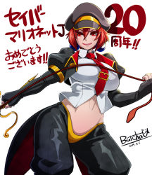 Rule 34 | 1990s (style), 1girl, anniversary, breasts, butcha-u, dated, earrings, fingerless gloves, gloves, jewelry, large breasts, looking at viewer, midriff, military, military uniform, necktie, red eyes, red hair, retro artstyle, saber marionette j, short hair, signature, simple background, smile, solo, tailcoat, tiger (saber j), translation request, uniform, whip, white background