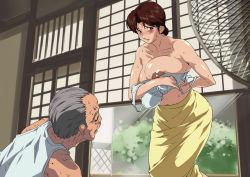 Rule 34 | 1girl, areola slip, bare shoulders, black eyes, blush, bra, breasts squeezed together, breasts, brown hair, embarrassed, highres, hikaru no go, huge breasts, indoors, legs, long skirt, lying, mature female, off shoulder, old, old man, open mouth, saya products, shindou mitsuko, skirt, standing, sweat, thighs, underwear, undressing, yellow skirt