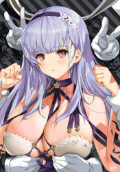 Rule 34 | 1girl, absurdres, artist name, azur lane, bare shoulders, blush, breasts, cleavage, criss-cross halter, dido (anxious bisque doll) (azur lane), dido (azur lane), disembodied hand, double v, dress, gloves, hair ornament, hairband, halter dress, halterneck, headband, highres, large breasts, long dress, looking at viewer, multiple hands, nike (nike1060), purple dress, purple hair, purple hairband, purple headband, skindentation, v, white gloves