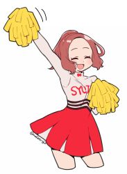 Rule 34 | 1girl, :d, alternate costume, alternate hairstyle, blush, brown hair, cheerleader, closed eyes, commentary request, do m kaeru, okumura haru, open mouth, persona, persona 5, persona 5: dancing star night, persona dancing, pom pom (cheerleading), ponytail, short hair, smile, solo, twitter username
