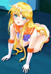 Rule 34 | 1girl, absurdres, aino minako, arion canvas, ass, bishoujo senshi sailor moon, blonde hair, blush, bow, breasts, choker, earrings, embarrassed, female focus, floor, from above, functionally nude, gloves, green eyes, high heels, highres, indoors, jewelry, kneeling, large breasts, legs, long hair, looking at viewer, nipples, nude, open mouth, sailor venus, solo, stud earrings, thighs, tiara, white gloves
