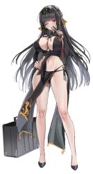 Rule 34 | 1girl, ;), absurdres, bikini, black bikini, black hair, blush, breasts, cleavage, covered erect nipples, eyewear on head, full body, gompang 11, hand fan, hand on own hip, highres, holding, holding fan, large breasts, long hair, looking at viewer, navel, one eye closed, original, purple eyes, simple background, smile, solo, suitcase, swimsuit, white background