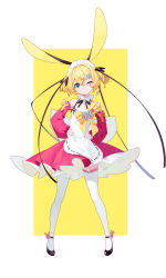 Rule 34 | 1girl, ;), absurdres, aiee, animal ears, apron, bad id, bad pixiv id, black footwear, black ribbon, blonde hair, blue eyes, blush, bow, closed mouth, collar, commentary request, detached collar, detached sleeves, dress, eyebrows hidden by hair, facial mark, full body, hair between eyes, hair ornament, hair ribbon, hands on own hips, head tilt, heart, highres, incredibly absurdres, long sleeves, maid headdress, nail polish, neck ribbon, one eye closed, original, puffy long sleeves, puffy sleeves, purple nails, red dress, red sleeves, ribbon, ribbon-trimmed apron, ribbon trim, shoes, sleeves past wrists, smile, solo, standing, striped, striped bow, thighhighs, two-tone background, two side up, white apron, white background, white collar, white thighhighs, wing collar, x hair ornament, yellow background, yellow bow