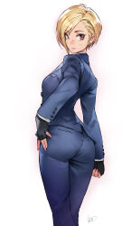 Rule 34 | 1girl, ass, black gloves, blonde hair, blue jacket, blue pants, breasts, brown eyes, closed mouth, commentary request, commission, elena (ff7), feet out of frame, final fantasy, final fantasy vii, fingerless gloves, formal, from behind, gloves, hair behind ear, hand on own hip, highres, jacket, light blush, looking at viewer, looking back, matsuda (matsukichi), medium breasts, pants, pixiv commission, short hair, signature, smile, solo, square enix, suit, suit jacket, swept bangs, turks (ff7)